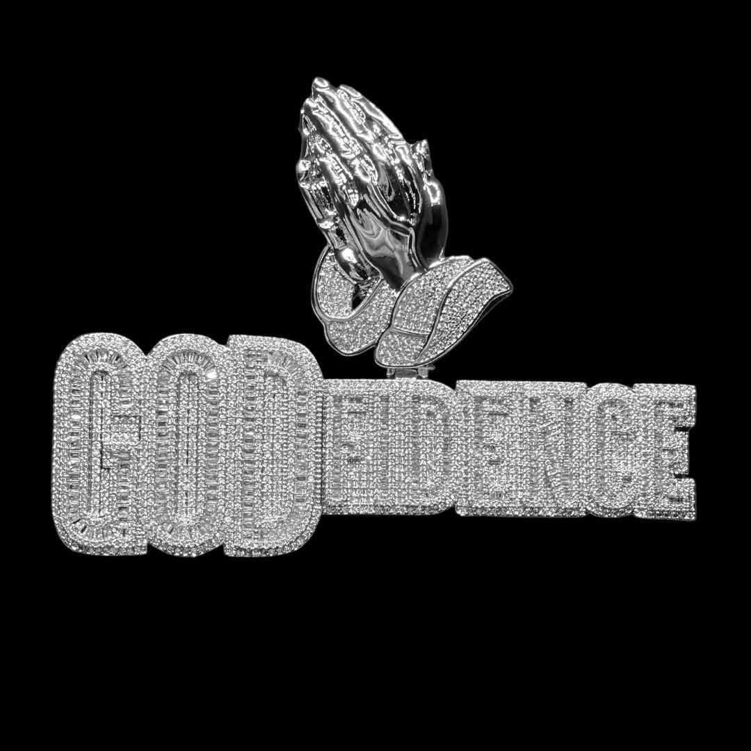 God Fidence Praying Hands Bail Iced Out Letter Pendant Necklace – Custom Hip Hop Jewelry for Men - CaratixJewelry